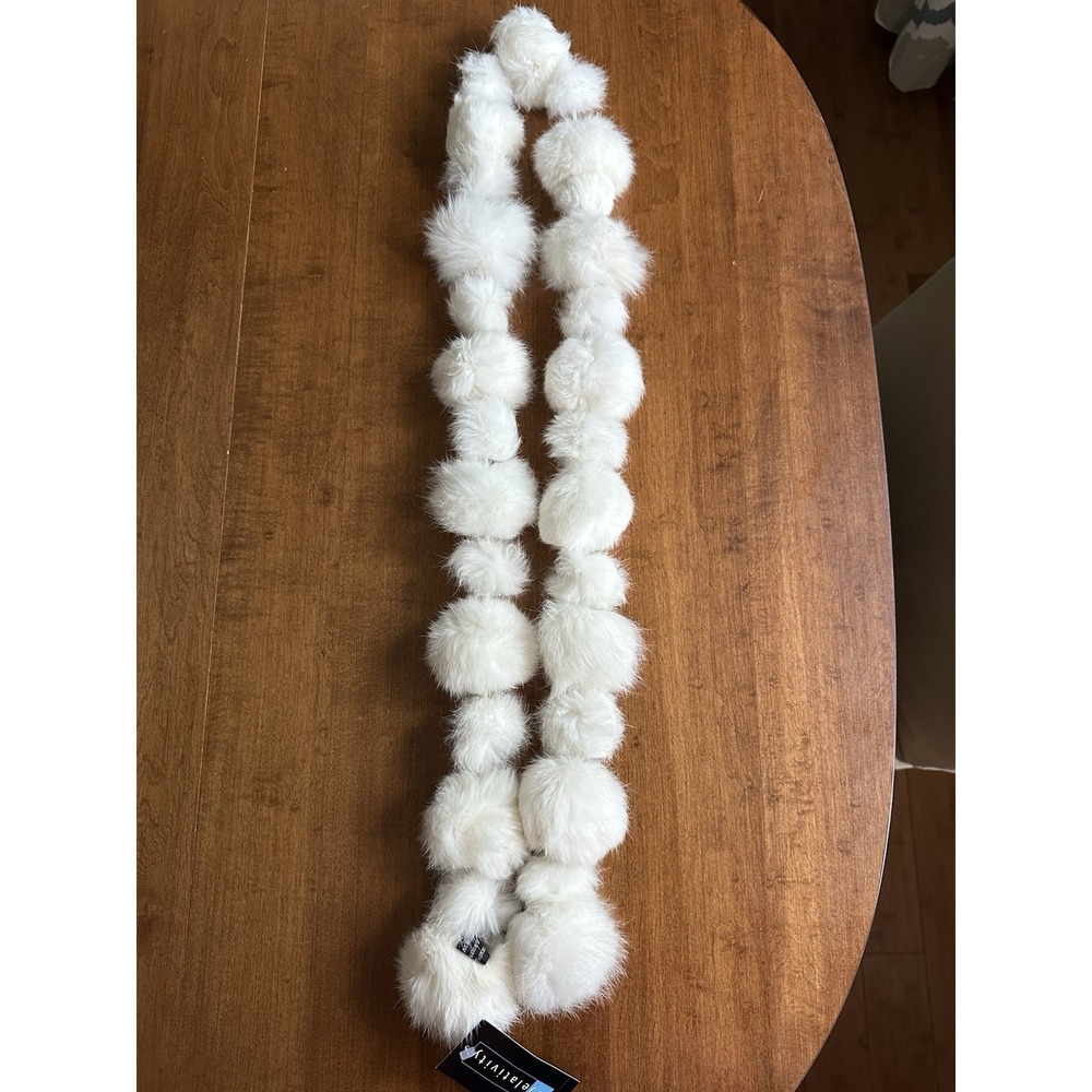 NWT Relativity 100% Genuine Rabbit Fur White Balls 1 Row  Pompons Scarf 54"